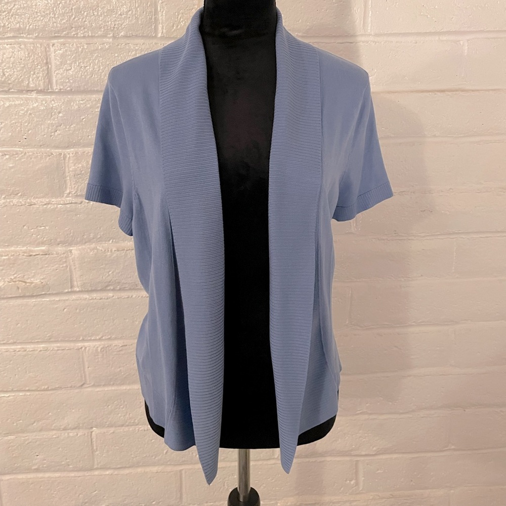 Chaus short sleeve open front cardigan, shawl collar, light blue, size L
